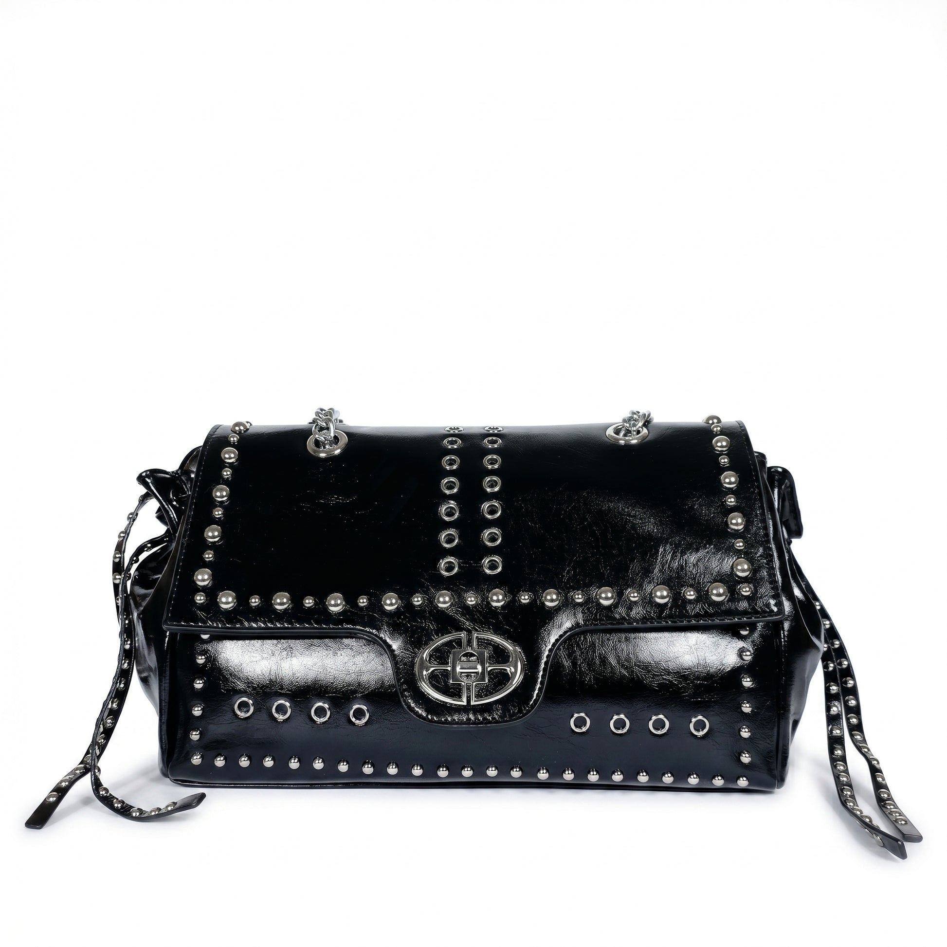 Rock Star borsa a patta ecopelle borchie argentate tracolla a catena – vista 1