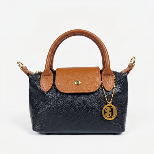 Venis mini borsa mano bicolore vera pelle con patta e ciondolo – vista 1