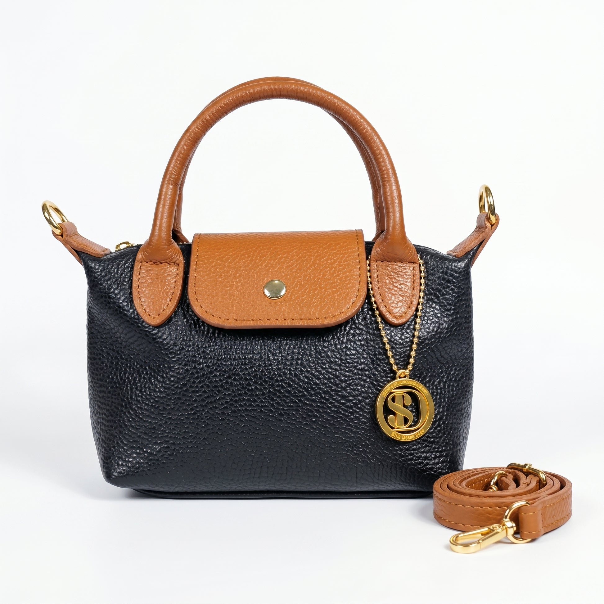 Venis mini borsa mano bicolore vera pelle con patta e ciondolo – vista 3