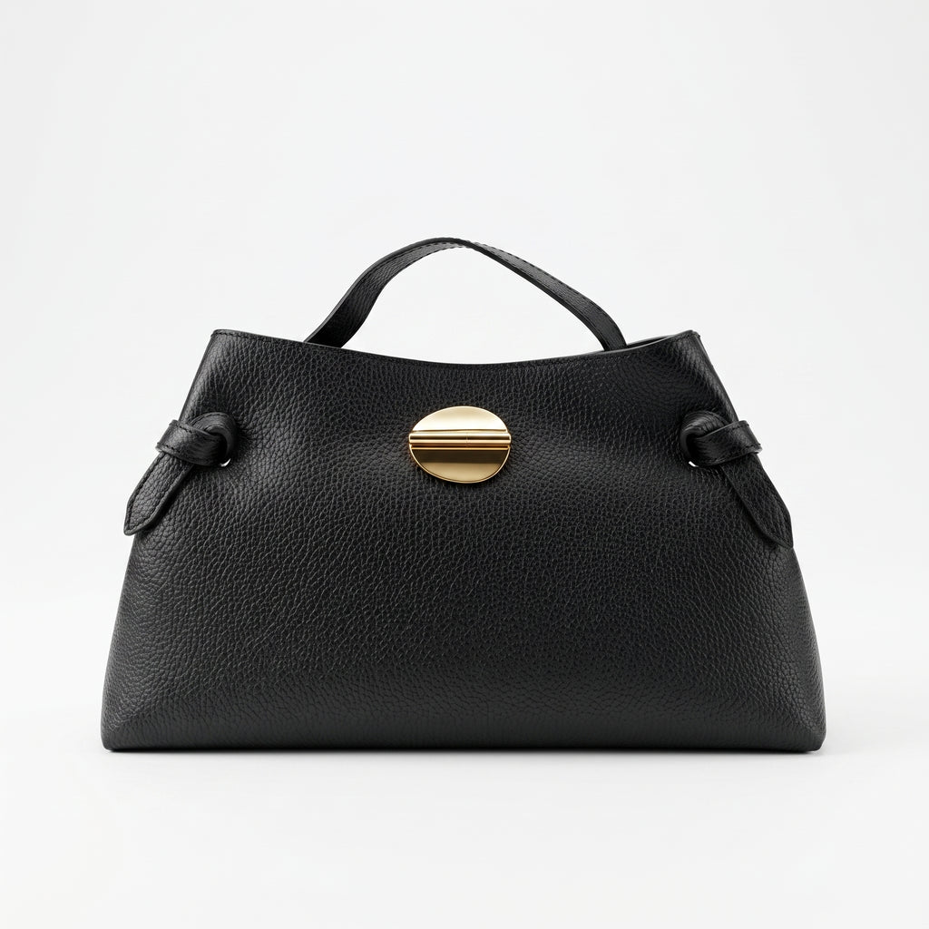 Livia Tasche aus echtem, genarbtem schwarzem Leder mit Malachit-Scheibenverschluss