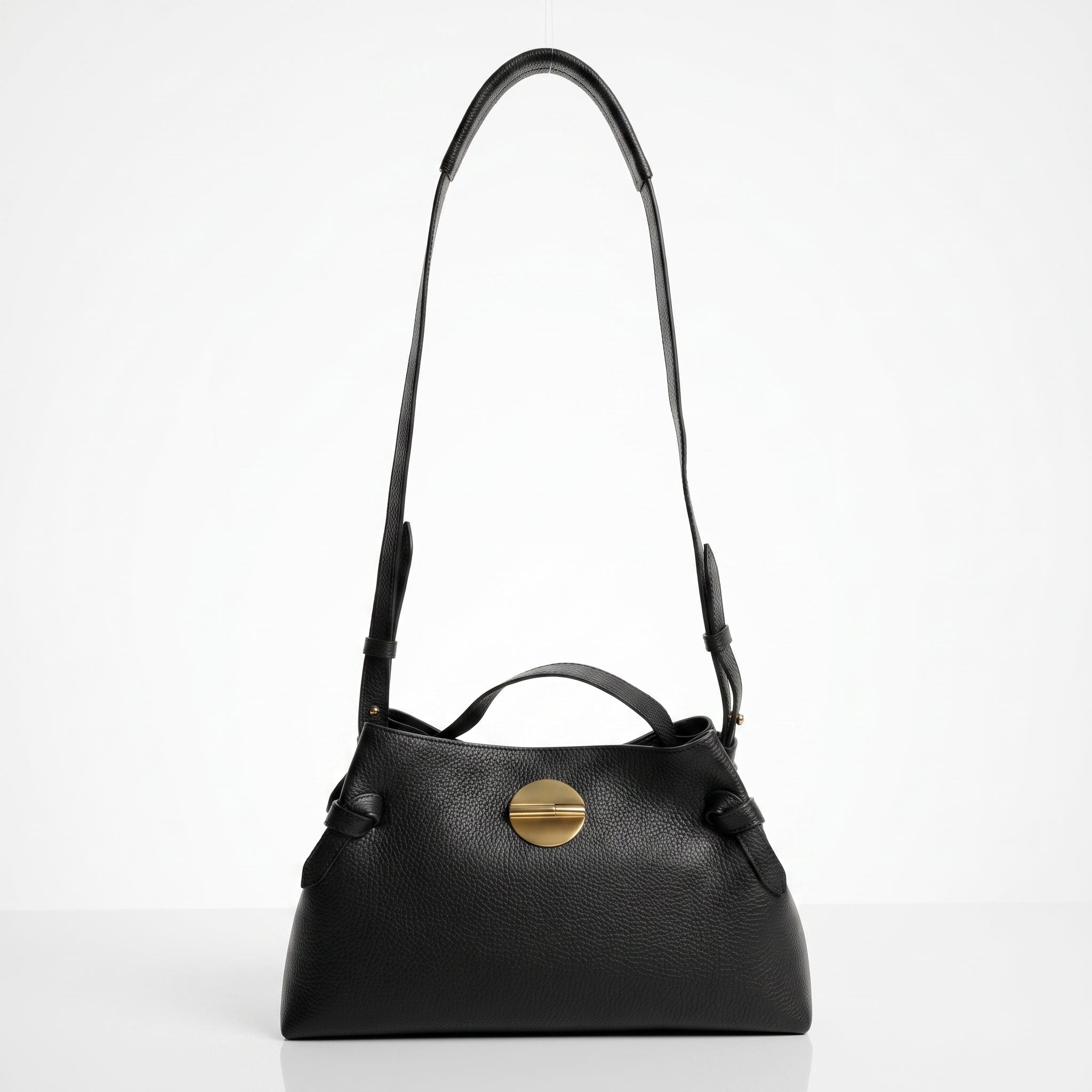 Livia Tasche aus echtem, genarbtem schwarzem Leder mit Malachit-Scheibenverschluss