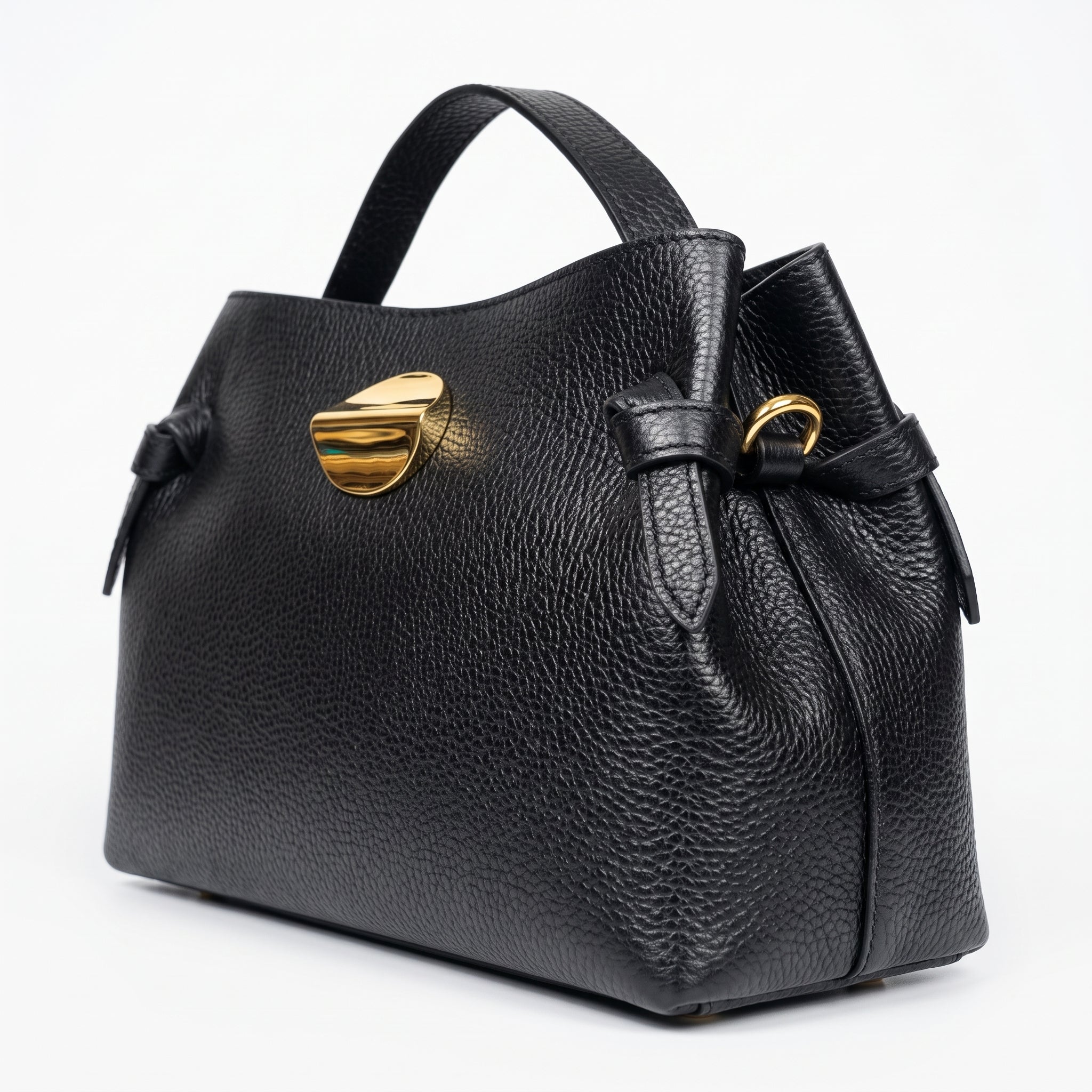 Livia Tasche aus echtem, genarbtem schwarzem Leder mit Malachit-Scheibenverschluss