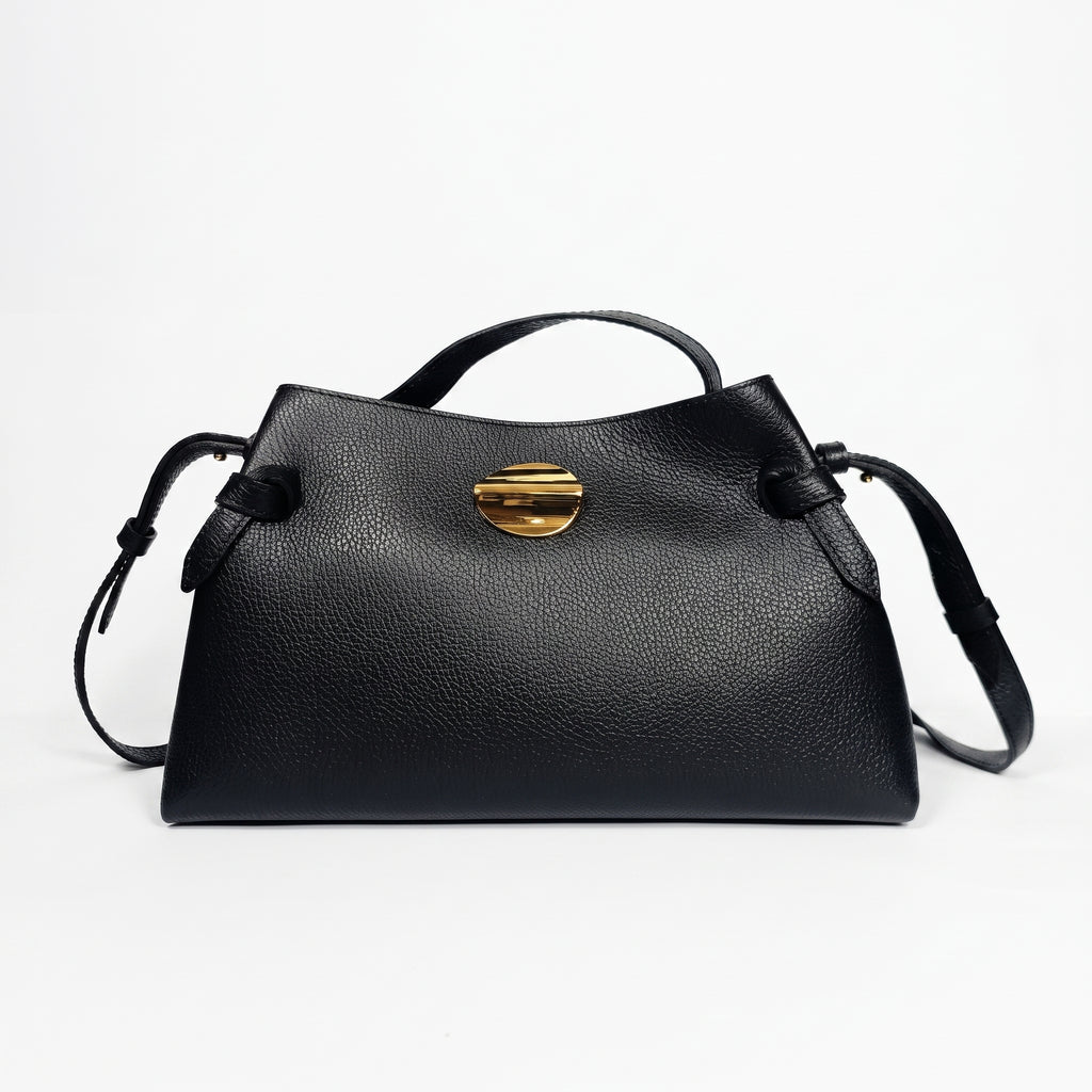 Livia Tasche aus echtem, genarbtem schwarzem Leder mit Malachit-Scheibenverschluss