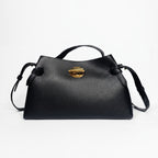 Livia Tasche aus echtem, genarbtem schwarzem Leder mit Malachit-Scheibenverschluss