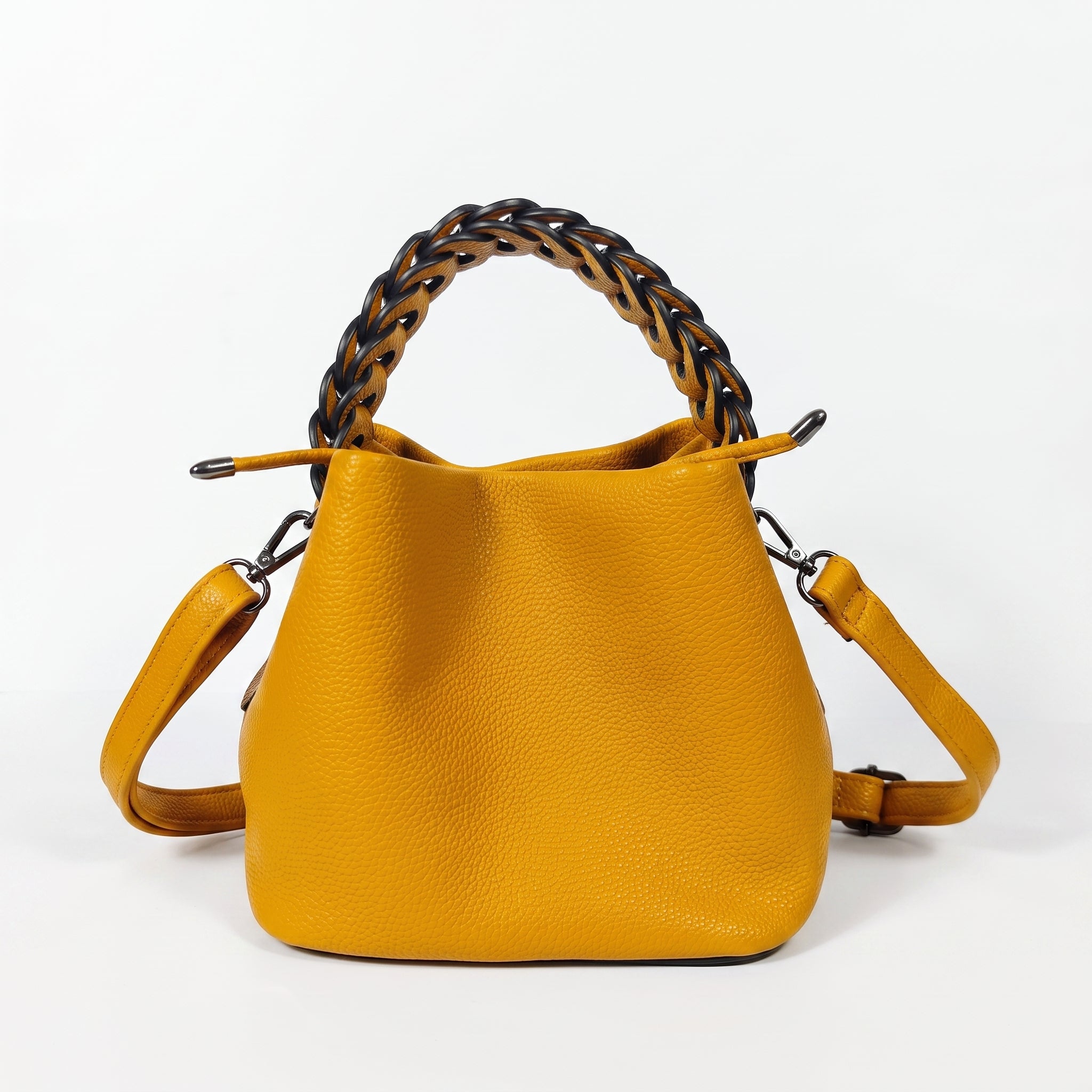 Borsa Secchiello con Manico Intrecciato in Ecopelle e Fodera con Tasche - Borsa a mano - Stile Donna Bags