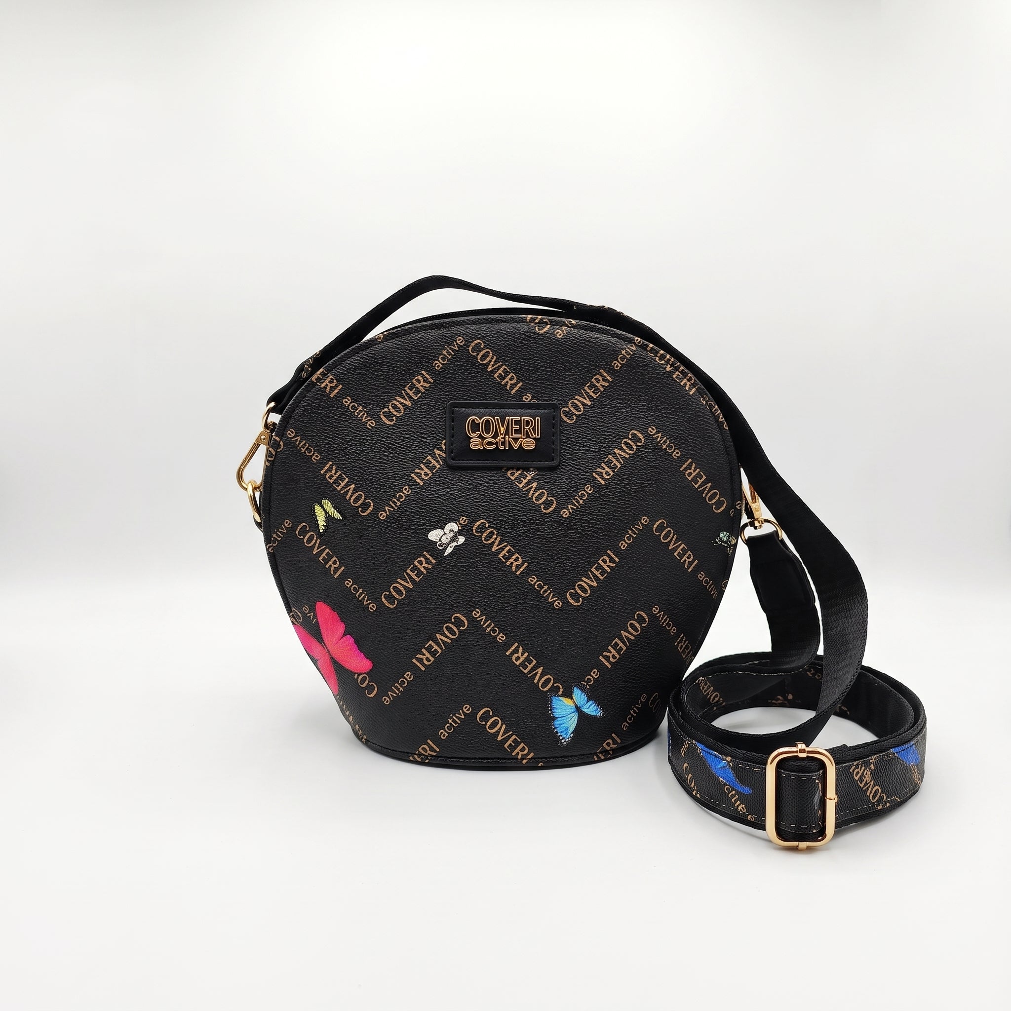 Coveri Active Runde Umhängetasche – Monogramm mit Schmetterlingen  