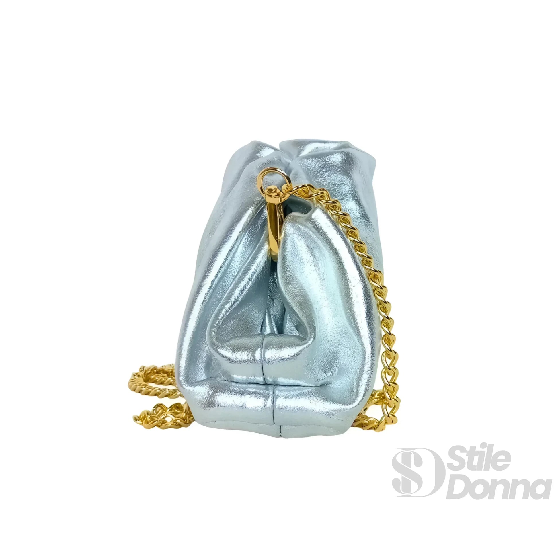 Clutch Metallizzata In Vera Pelle Con Catena Dorata | Dettaglio manico | vera pelle | Oro
