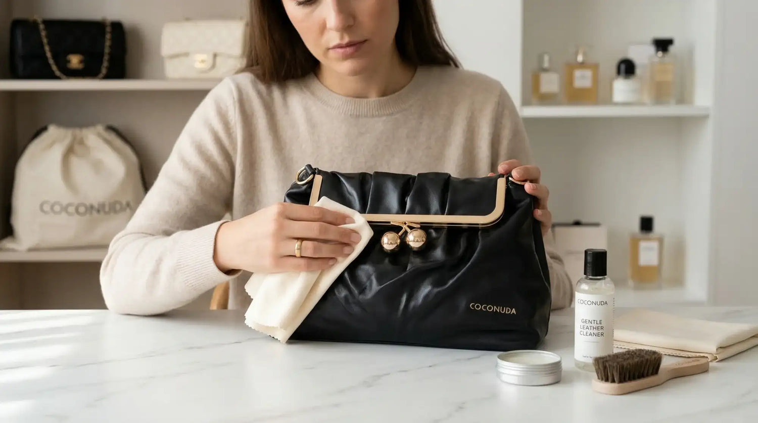 clutch-pelle-nera-hardware-tono-oro-logo-brandizzato - Stile Donna Bags