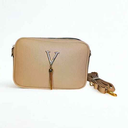 Beige Crossbody Bag Double Zipper Silver V - bag