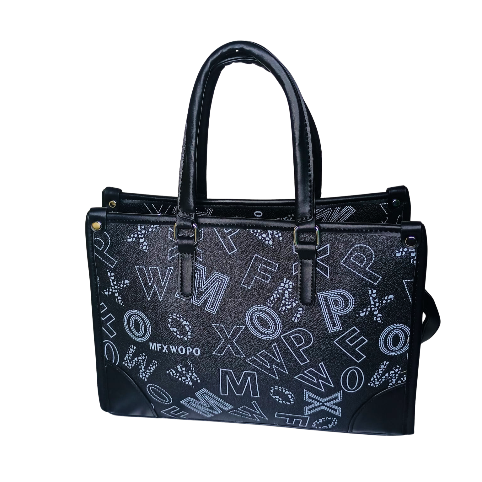 Black handbag with white lettering on a white background