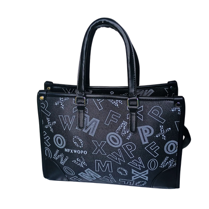 Black handbag with white lettering on a white background