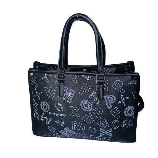 Black handbag with white lettering on a white background
