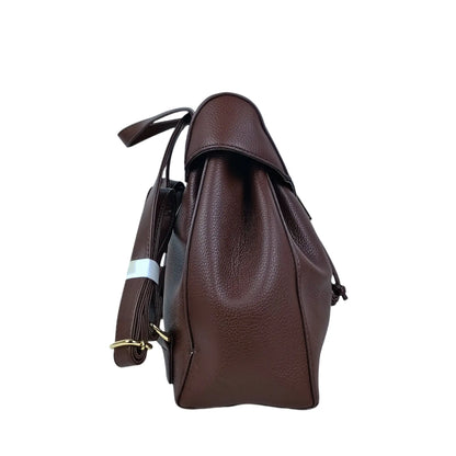Dark brown leather backpack handbag with drawstring closure, ideal for women’s bags & wallets