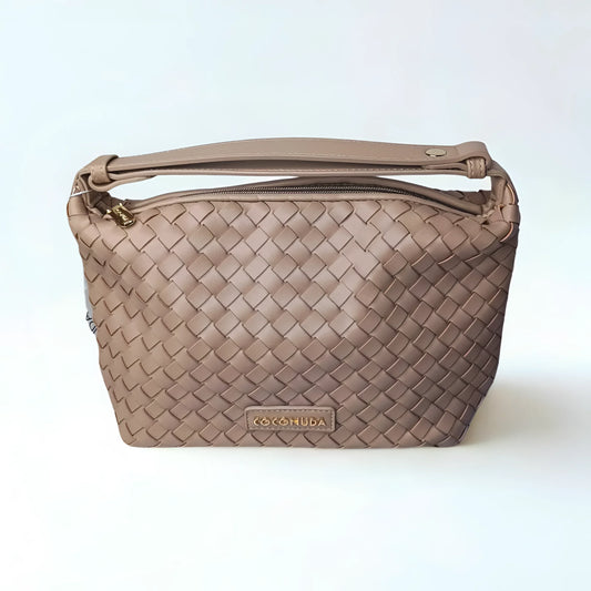 Beige woven handbag with a visible brand logo on a white background