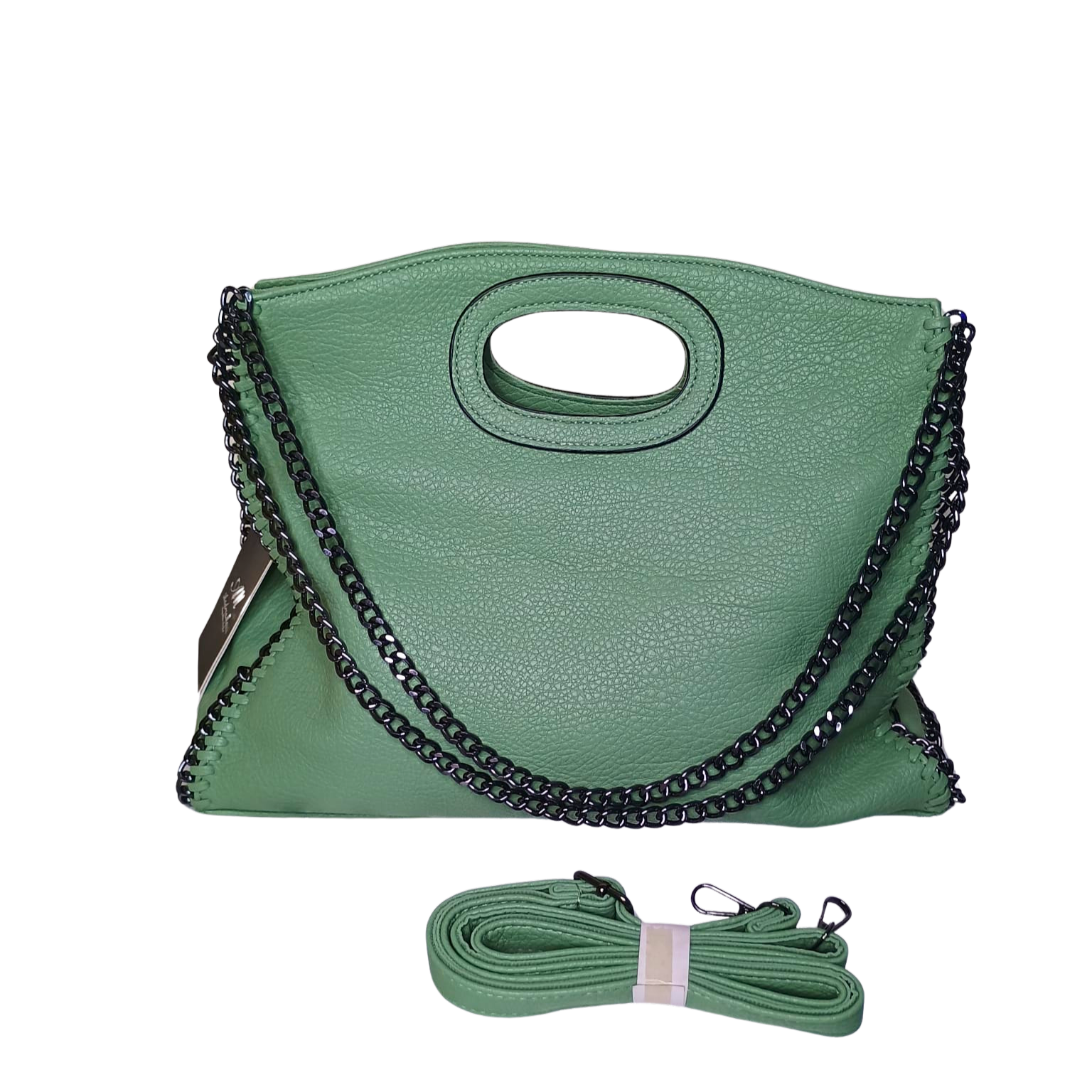 Green handbag with black chain detail on a white background