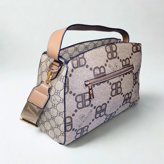 Designer handbag with a prominent brand logo on a white background