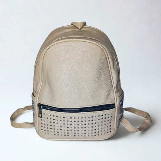 Beige backpack with studded details on a white background