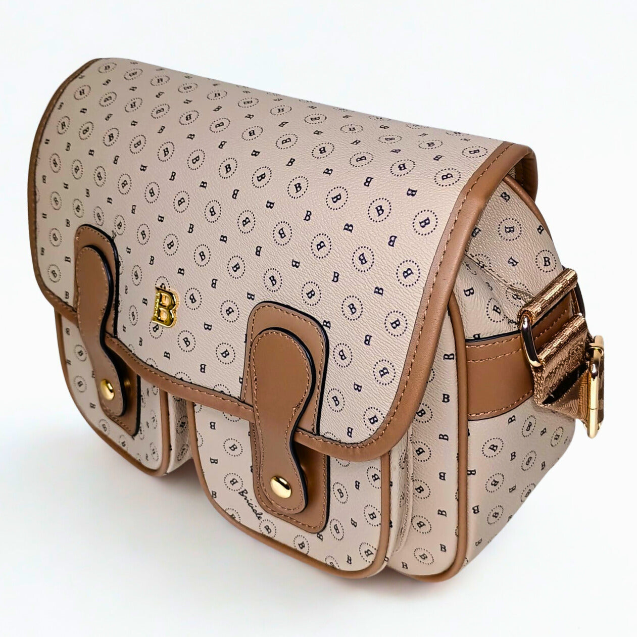 Patterned handbag with brown accents on a white background