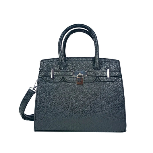 Elegant black faux leather handbag with silver hardware, ideal for women’s bags & wallets online