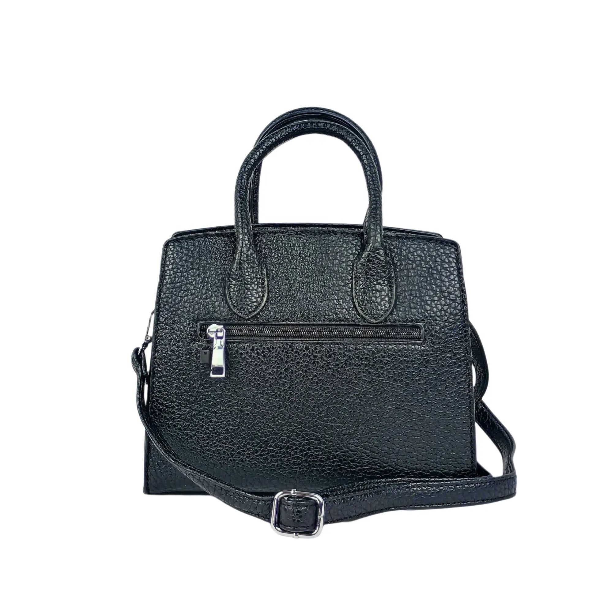 Elegant black textured faux leather handbag for women with top handles and detachable strap