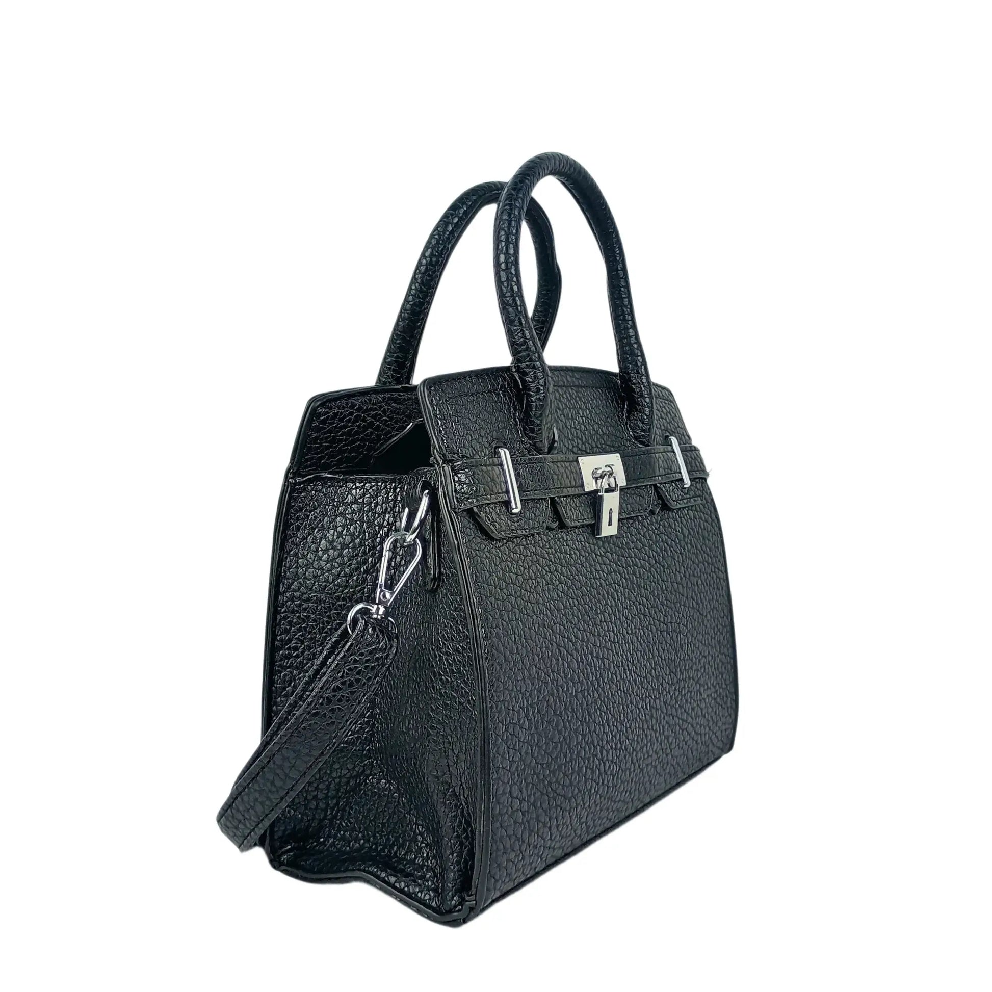 Elegant black pebbled leather handbag with dual handles, shoulder strap, and turn-lock closure