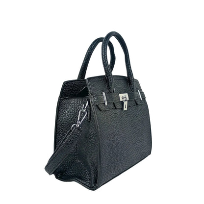 Elegant black pebbled leather handbag with dual handles, shoulder strap, and turn-lock closure