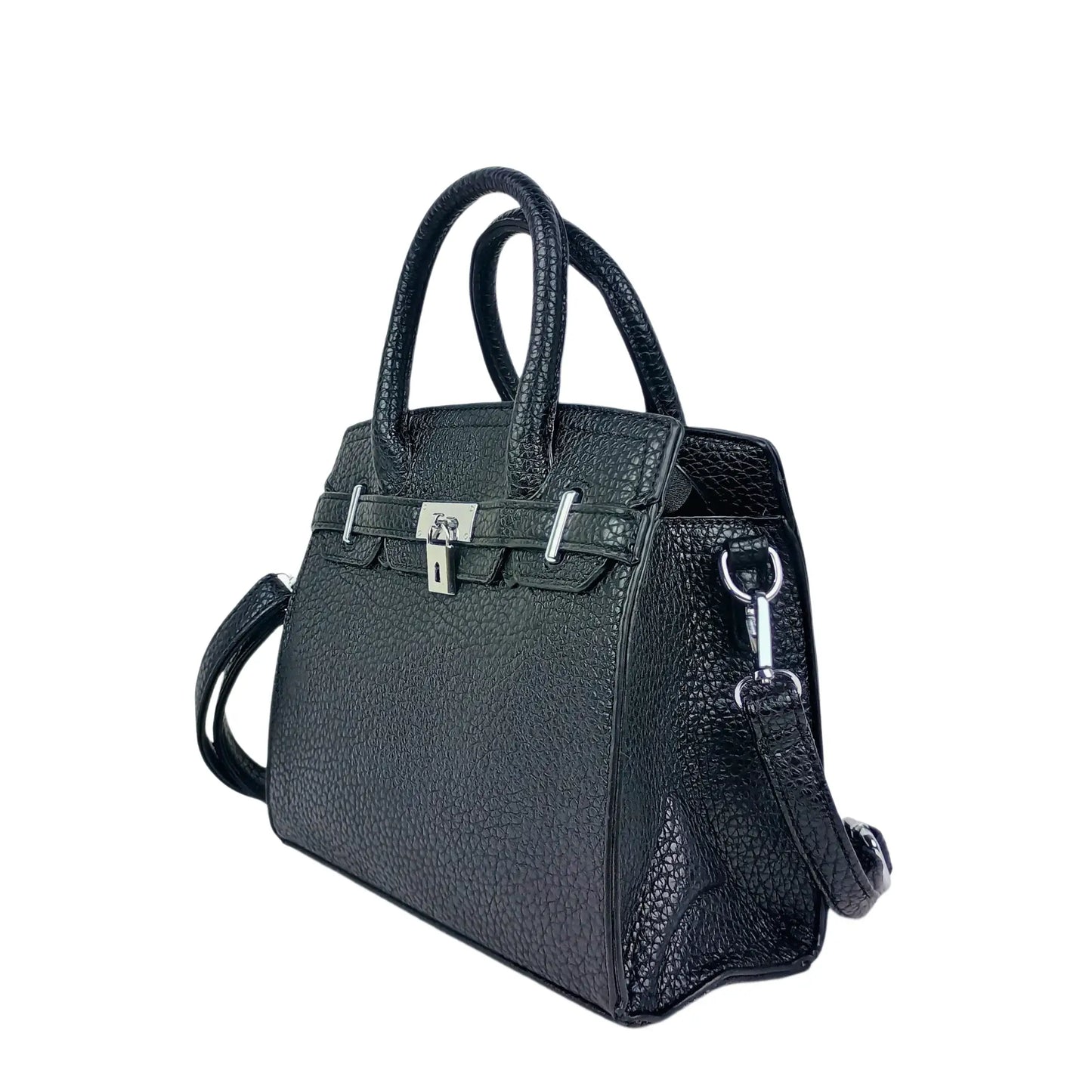Elegant black pebbled leather handbag for women with silver-tone hardware, ideal for women’s bags & wallets online shopping