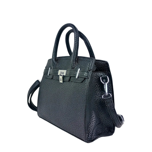 Elegant black pebbled leather handbag for women with silver-tone hardware, ideal for women’s bags & wallets online shopping