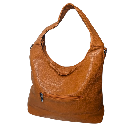 Brown leather handbag on a white background
