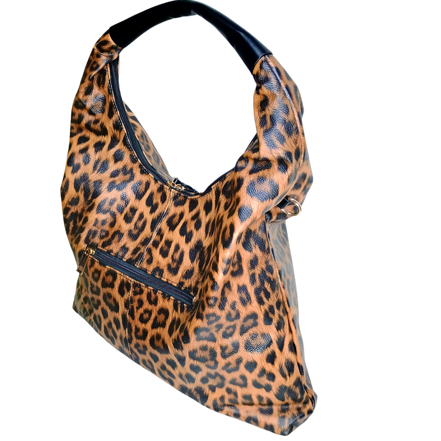 Leopard print handbag with black handles on a white background