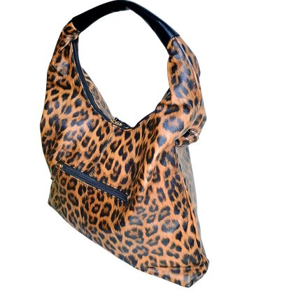 Leopard print handbag with black handles on a white background