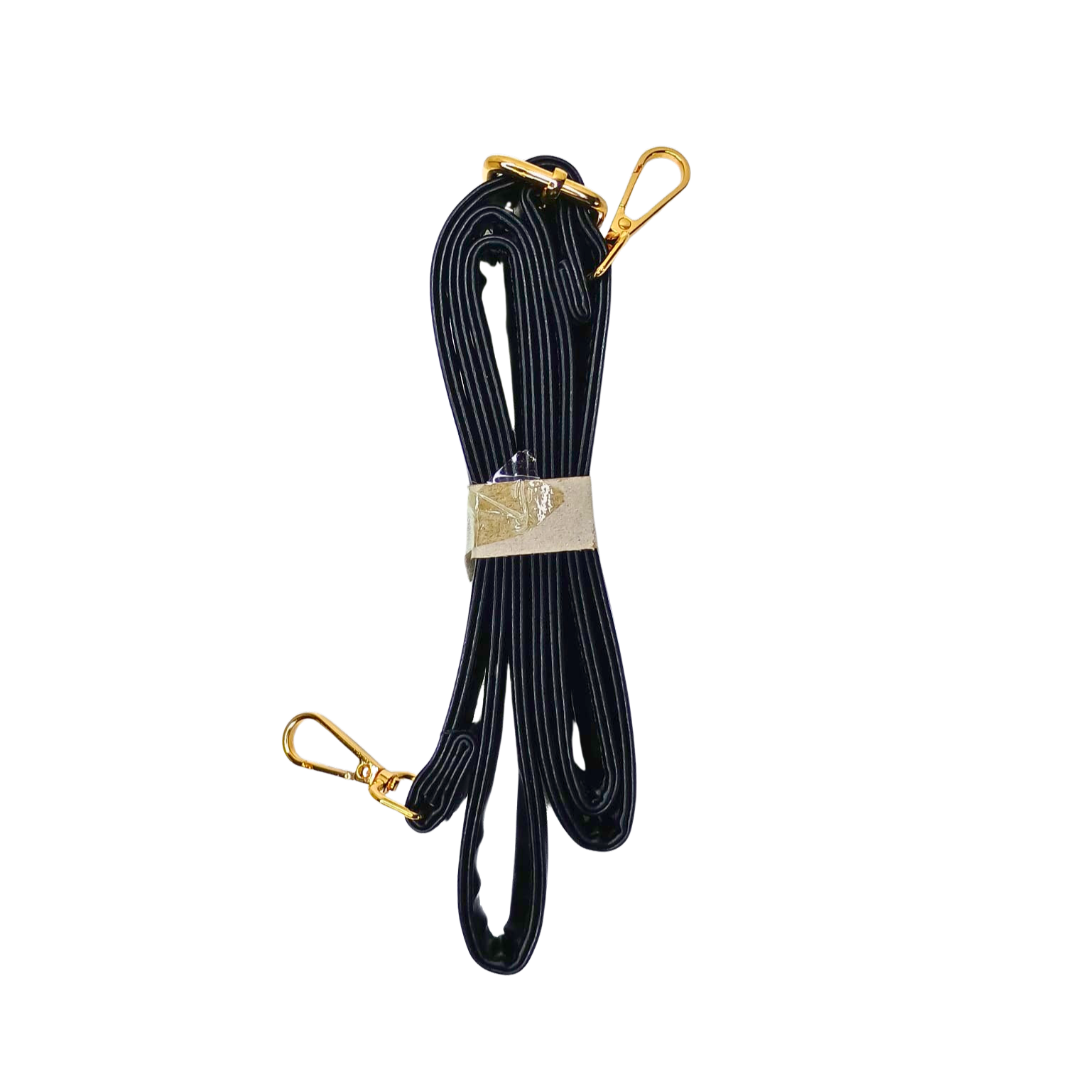 Black lanyard with gold clips on a white background