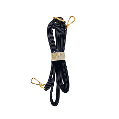 Black lanyard with gold clips on a white background