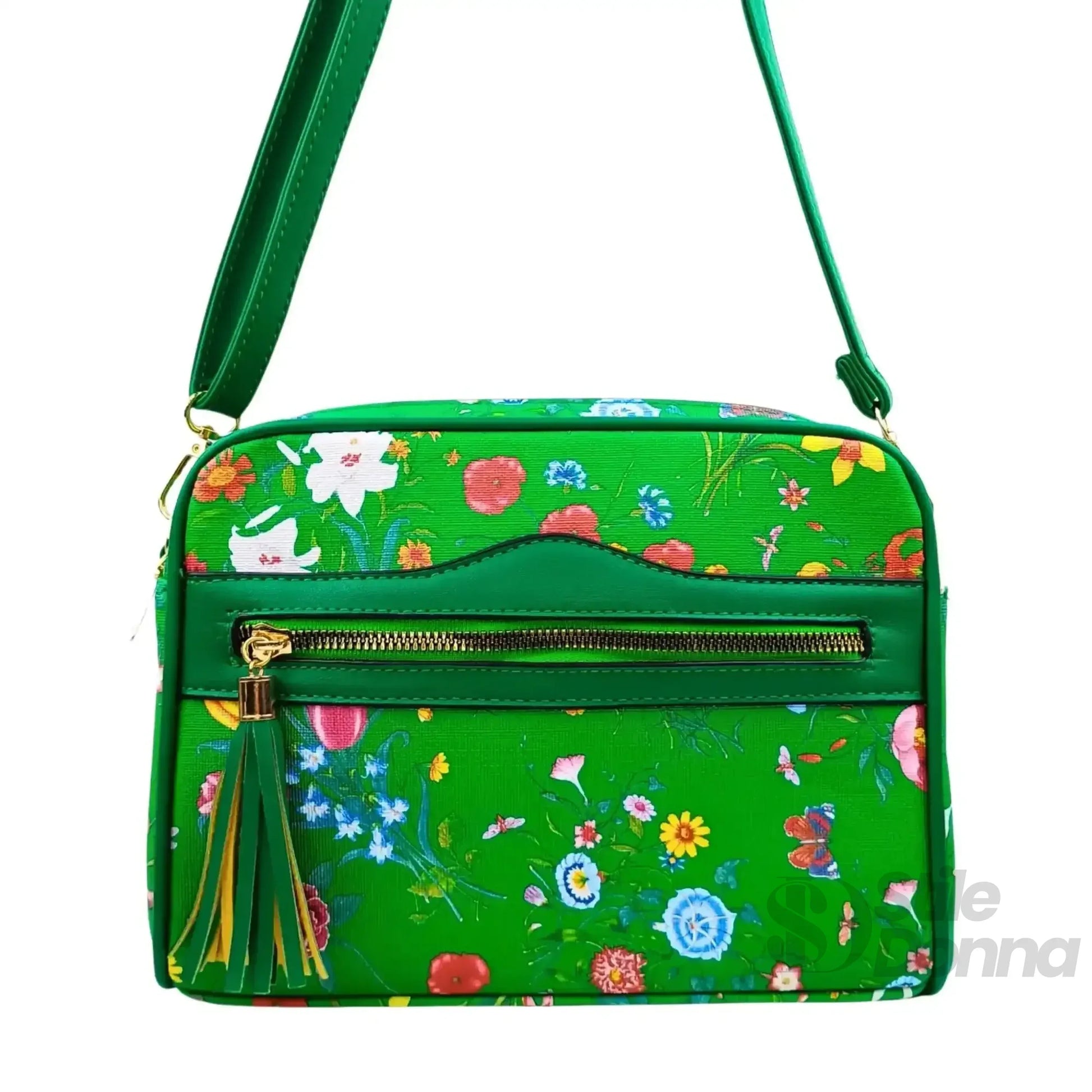 Borsa A Tracolla Stampa Fiori Verdi In Tessuto Resistente… | Close-up chiusura | ecopelle | Verde