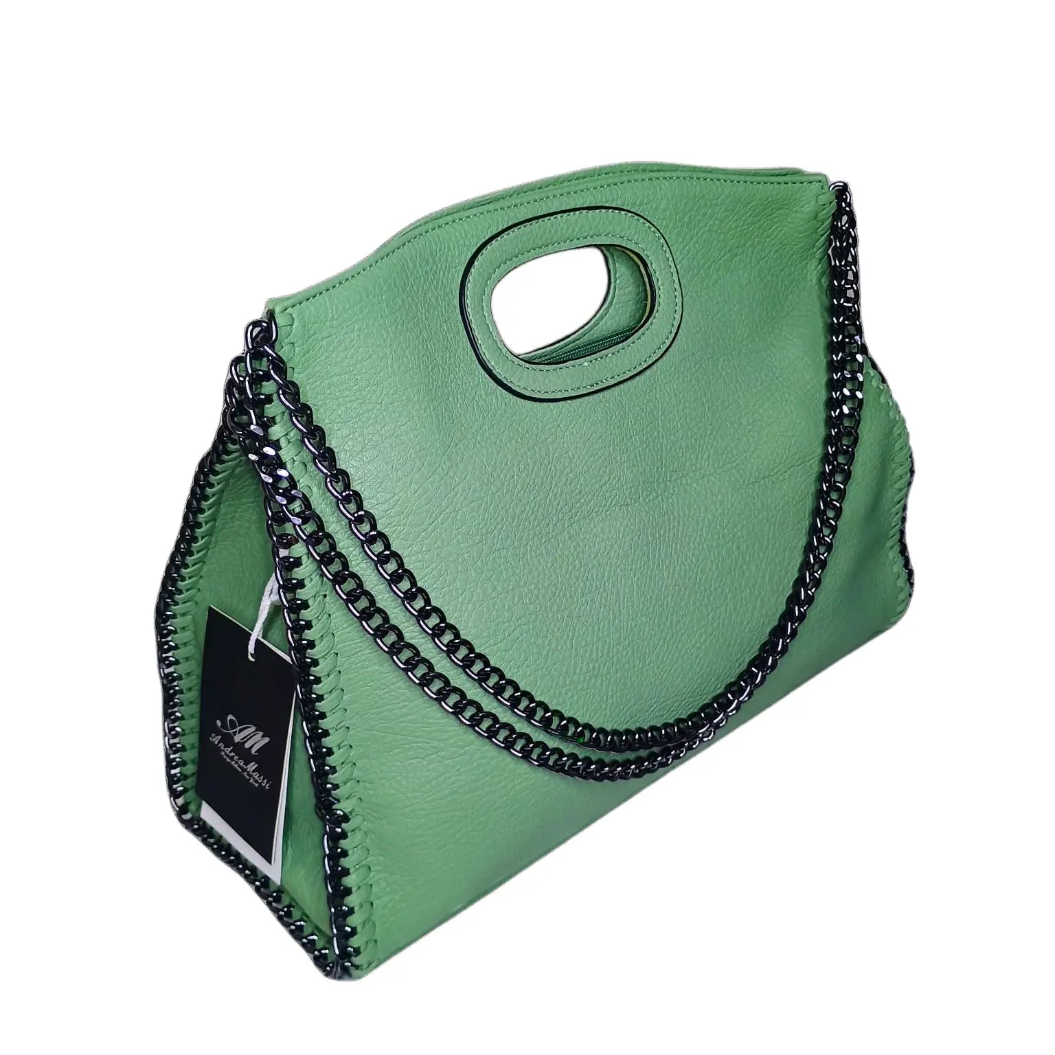 Green Leather Tote Bag with Chain Strap - Stile Donna Bags