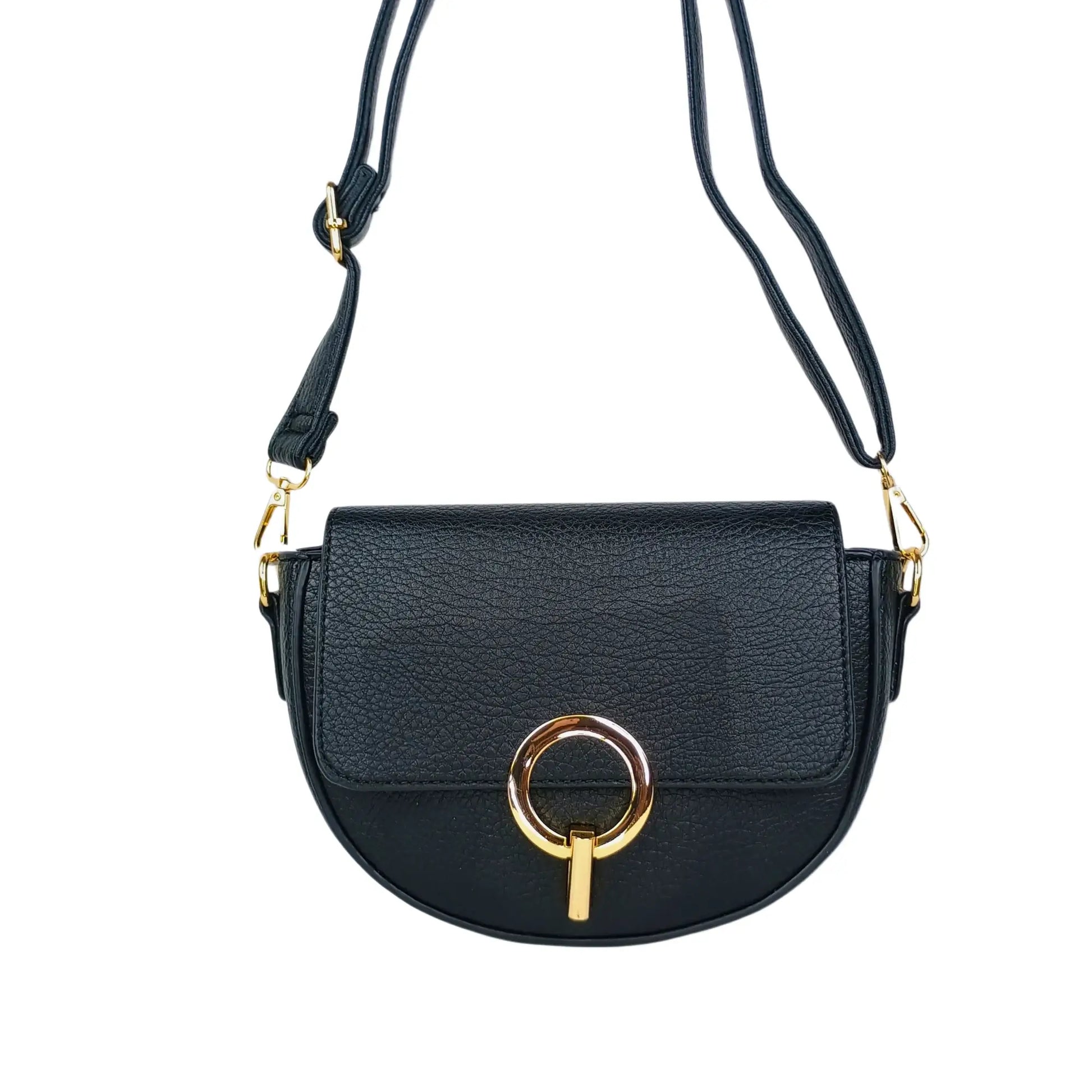 Black faux leather half moon leather crossbody bag with gold ring clasp for stylish wear