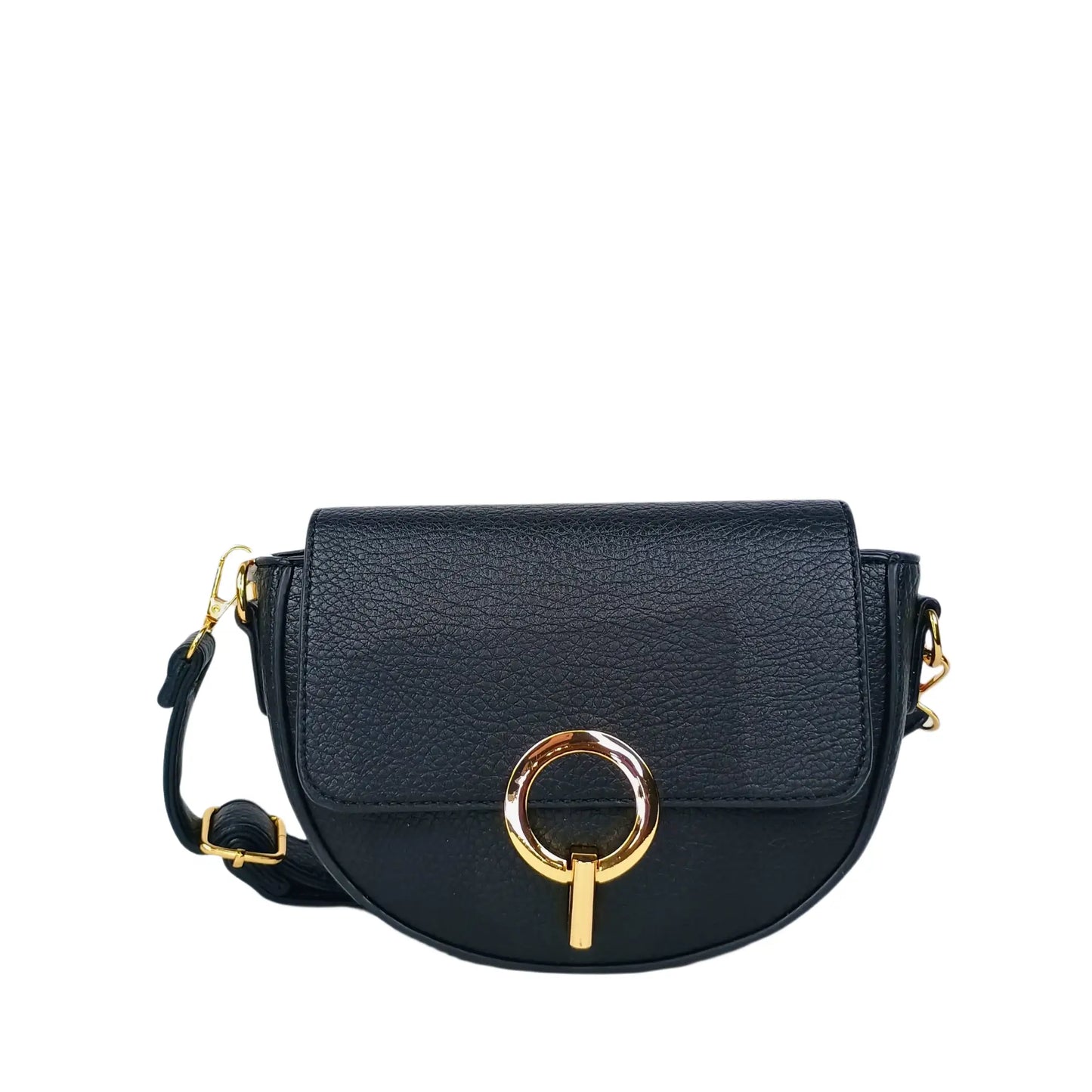 Black faux leather half moon leather crossbody bag with gold ring and bar closure