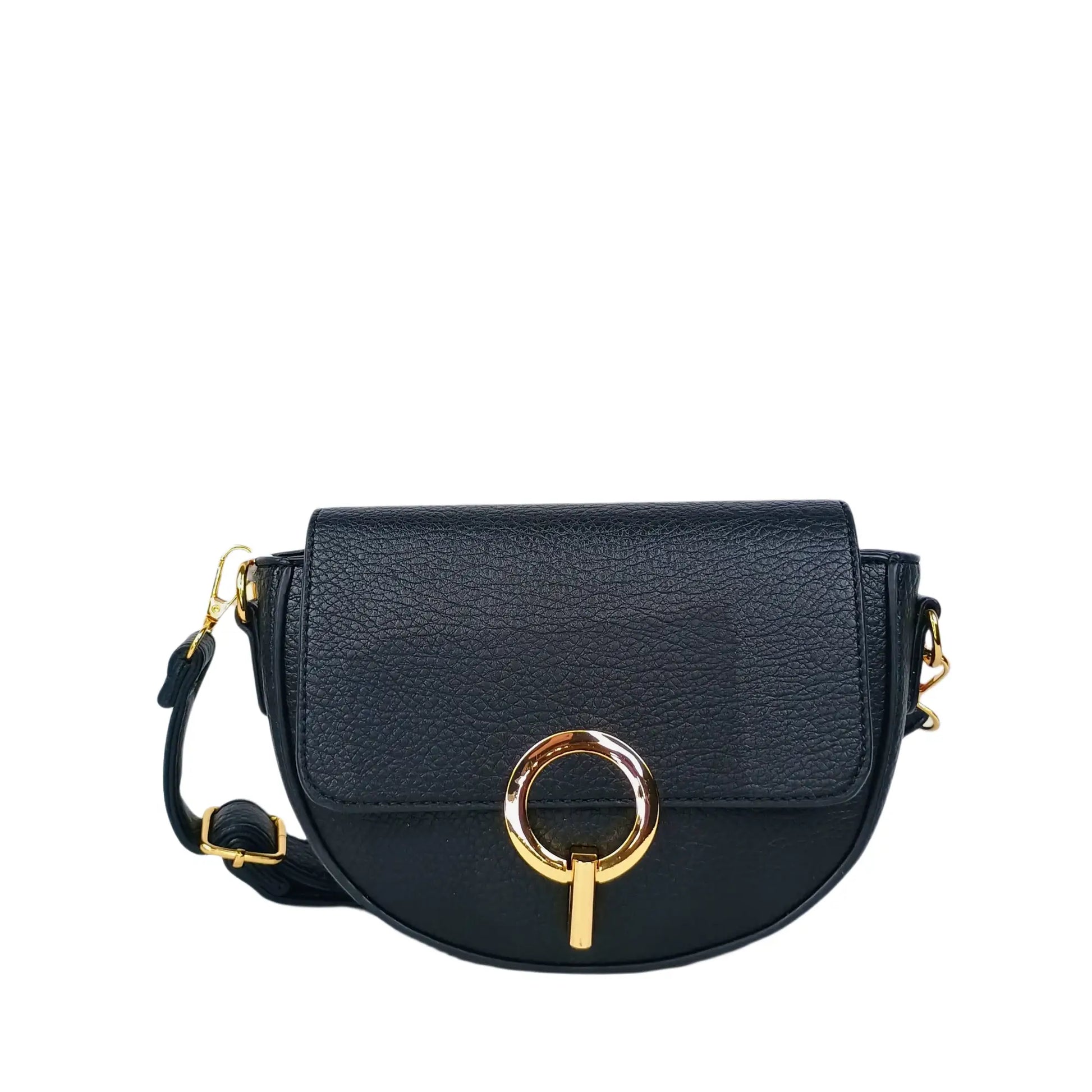 Black faux leather half moon leather crossbody bag with gold ring and bar closure