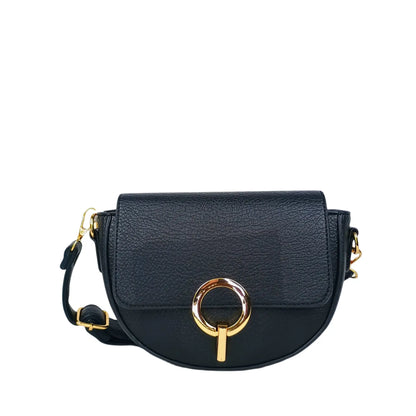 Black faux leather half moon leather crossbody bag with gold ring and bar closure