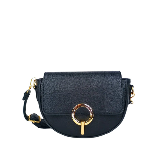 Black faux leather half moon leather crossbody bag with gold hardware and semicircular flap