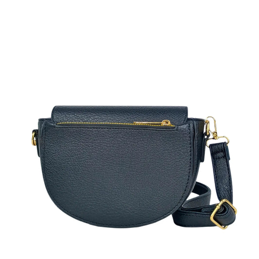 Textured dark blue half moon leather crossbody bag with gold hardware and zipper