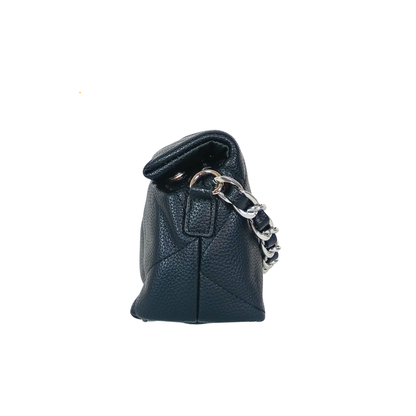 Black handbag with a chain detail on a white background