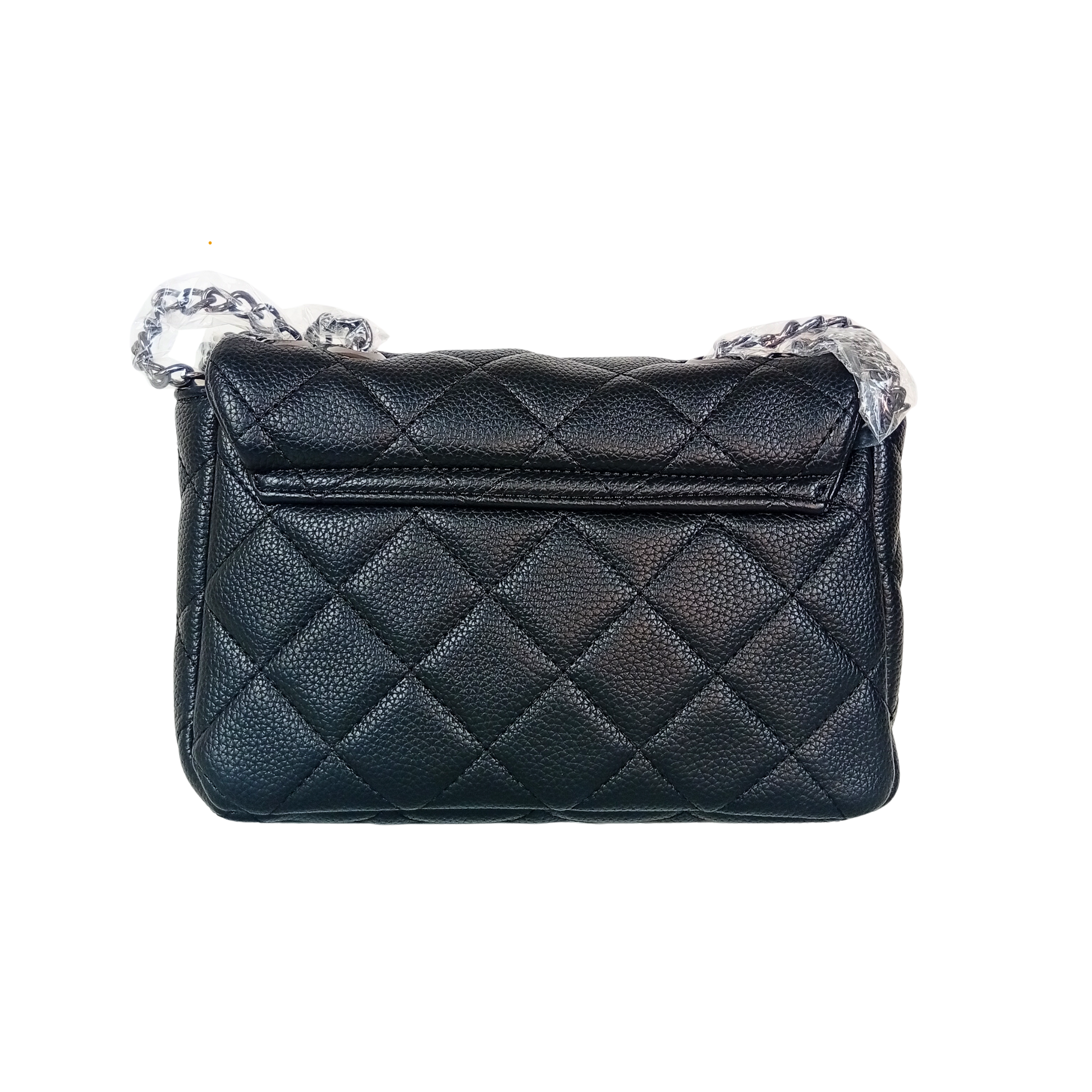 Black quilted handbag with a chain strap on a white background