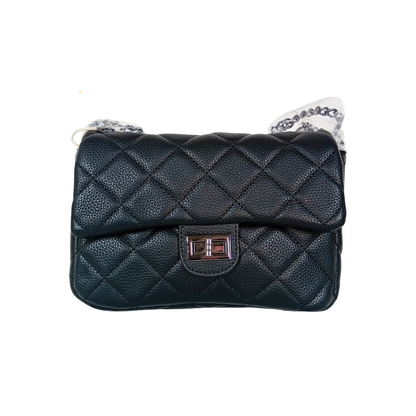 Black quilted handbag with a silver chain strap on a white background
