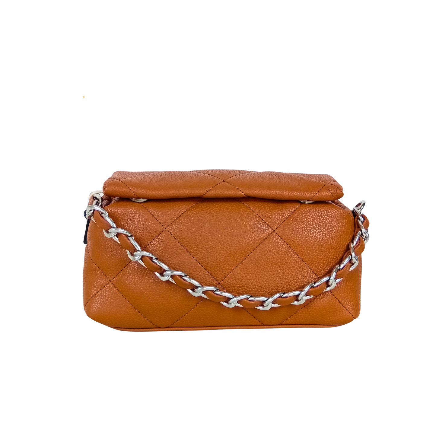 Brown quilted handbag with a silver chain on a white background