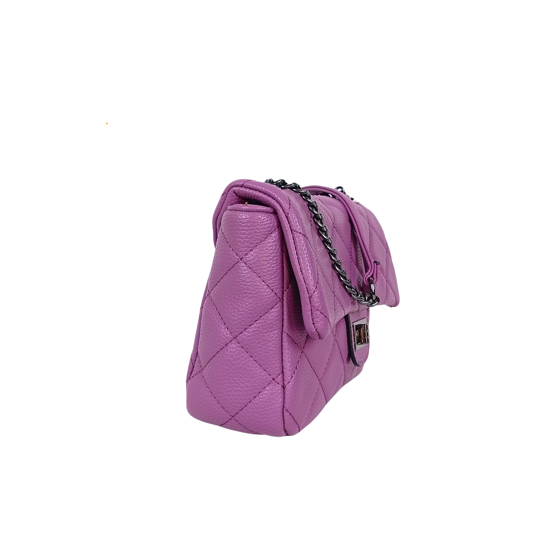 Purple quilted handbag with a chain detail on a white background