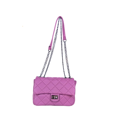 Pink quilted handbag with chain strap on a white background