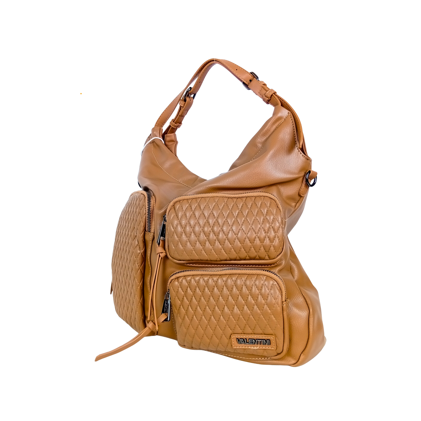 Brown quilted handbag on a white background