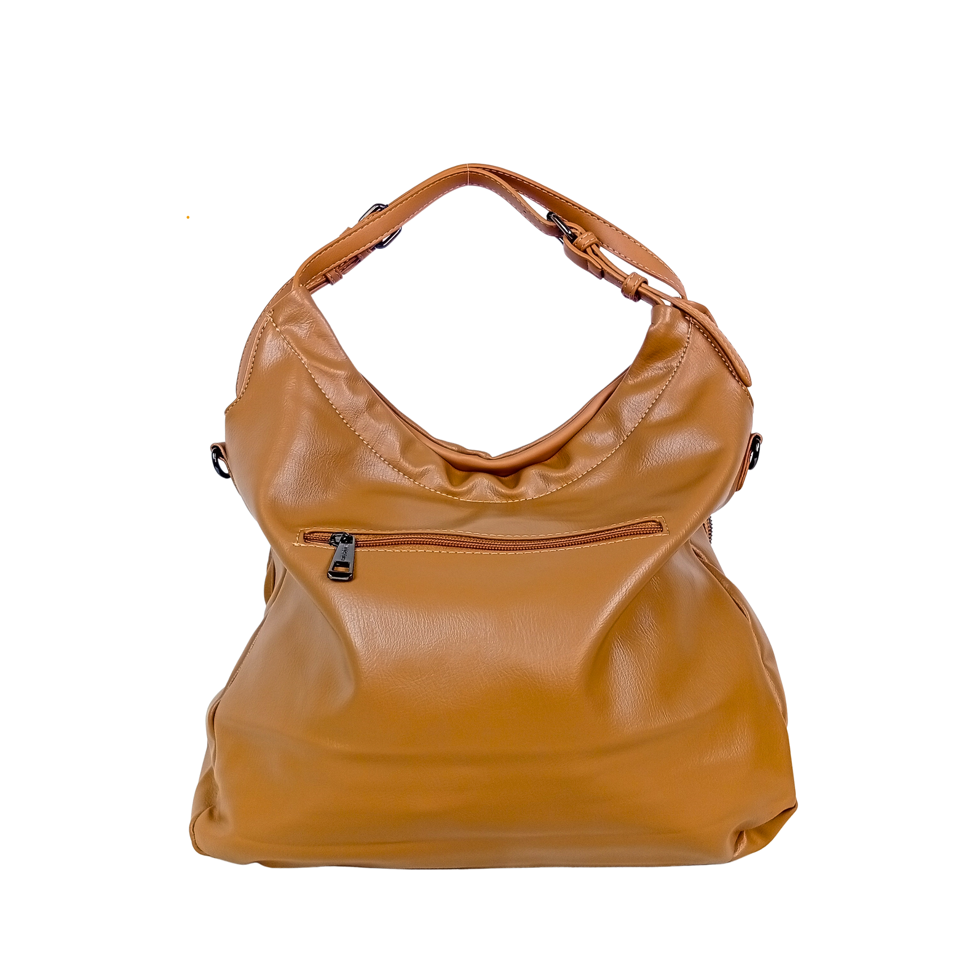 Brown leather handbag on a white background