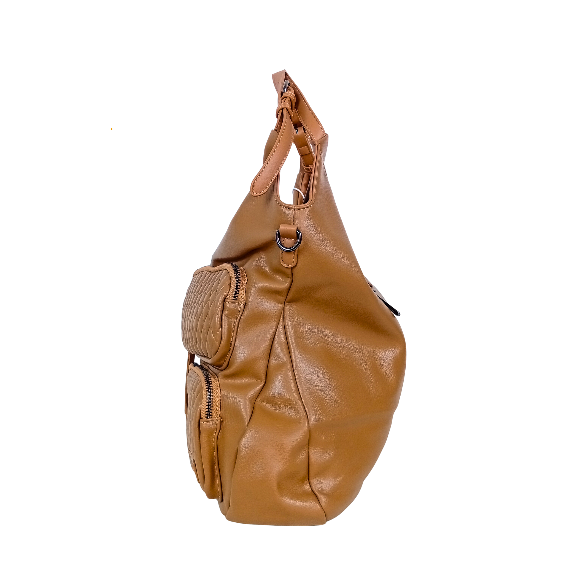 Brown leather handbag with a woven patch on a white background